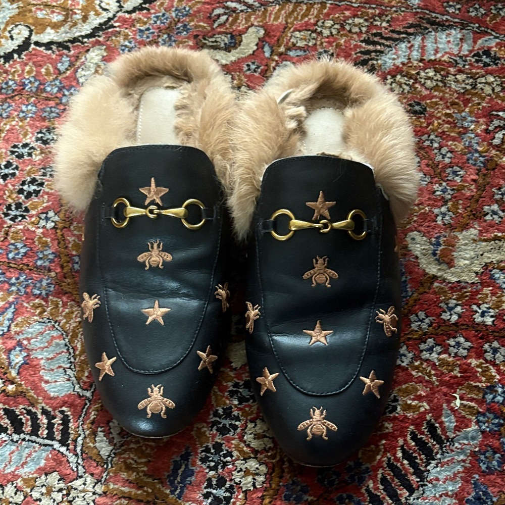 Luxury inspired Black Loafers with  real Fur Trim and Embroidery